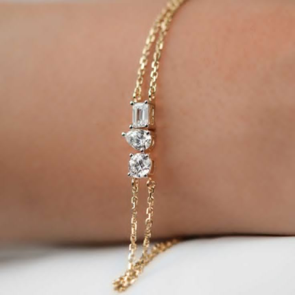 MJ Marukh's jewels Three-Stone Diamond Double Chain Bracelet in Yellow Gold