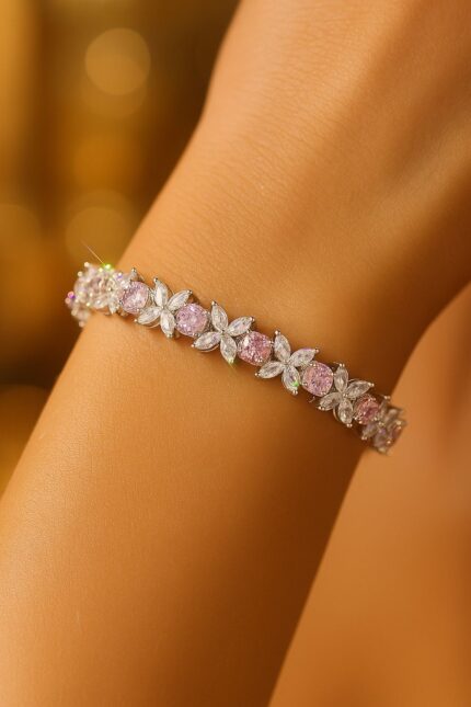 MJ Marukh's jewels Pink Blossom Floral Tennis Bracelet in White Gold Finish