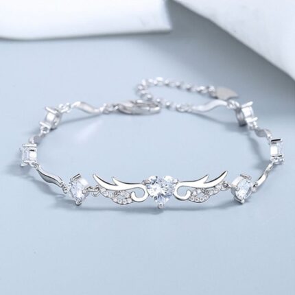 Silver Angel Wing Heart Bracelet with Crystal Accents