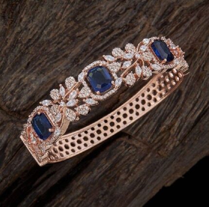 MJ Marukh's jewels Royal Blue Sapphire-Cut Stone & Floral Crystal Rose Gold Bangle – Luxury Bridal Wear