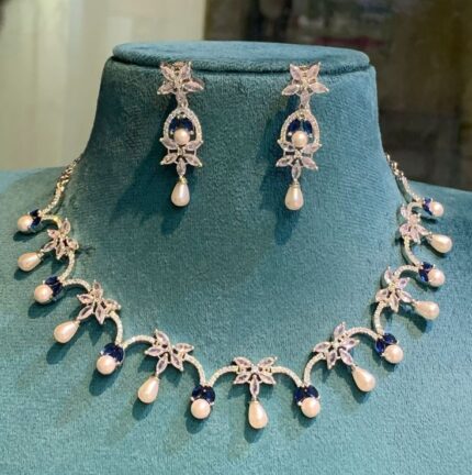 Floral Pearl & Sapphire Accent Diamond Necklace Set – Elegant Luxury by MJ