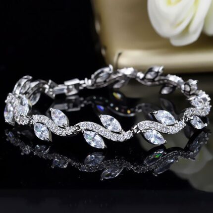MJ Marukh's jewels Marquise-Cut Leaf Vine Tennis Bracelet in White Gold Finish