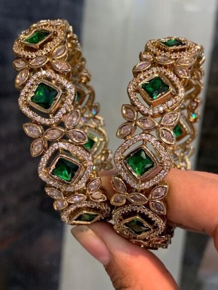 MJ Emerald Green Luxury Zircon Bridal Bangles – Gold Plated Statement Kada Set for Women