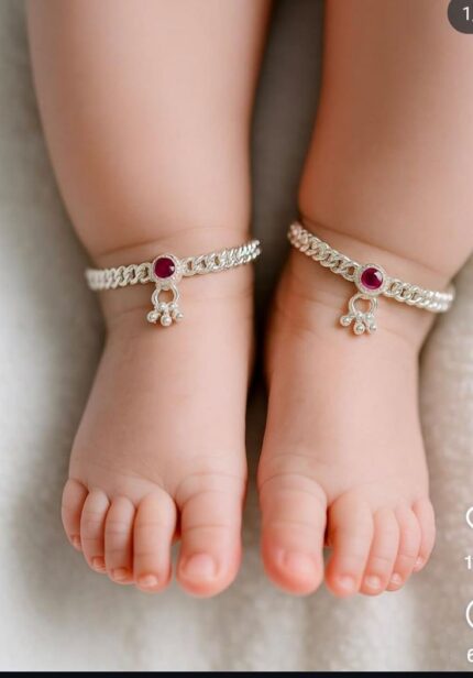 MJ Marukh's jewels Baby Silver-Tone Anklet Pair with Ruby-Style Charm – Elegant Kids Payal