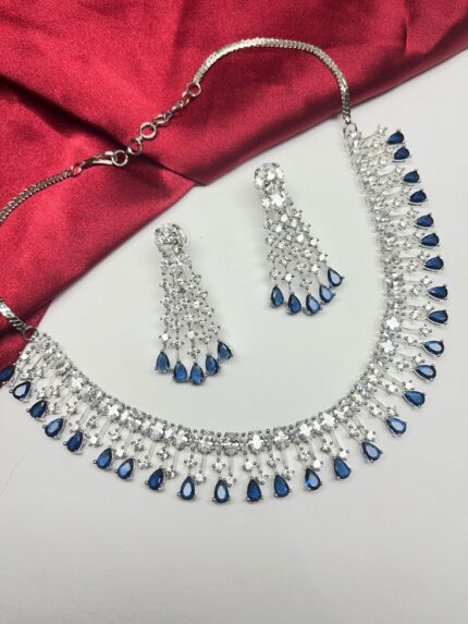 MJ Sapphire Cascade Diamond Necklace Set – Elegant Blue Teardrop Collection