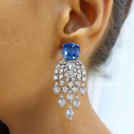 Cushion Blue Sapphire Chandelier Earrings