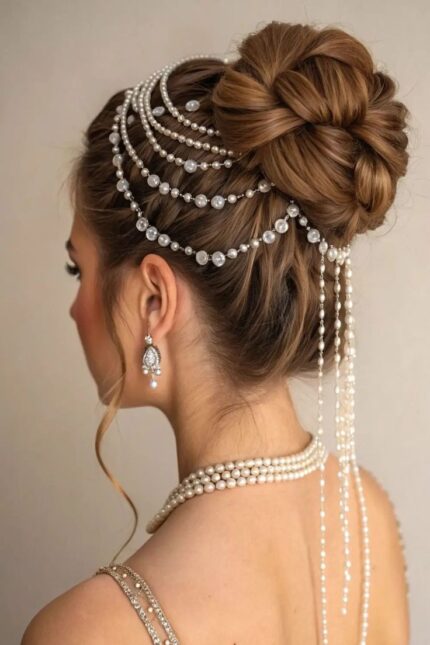 MJ Pearl Draped Bridal Hair Chain – Elegant Multi-Layer Back Hair Jewelry