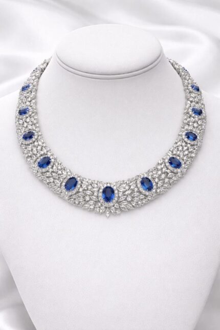 MJ GIA 82.75 CT Diamond & AAA Blue Sapphire Flower Necklace