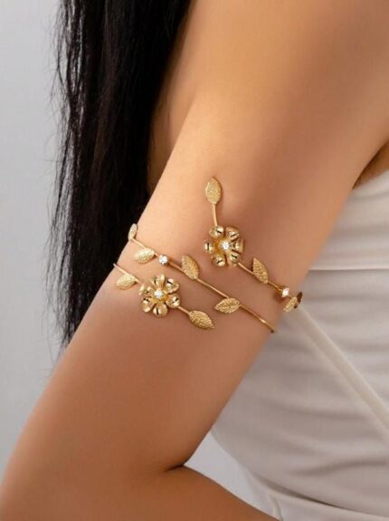 MJ Gold Floral Goddess Armlet – Elegant AMJustable Leaf & Flower Upper Arm Cuff