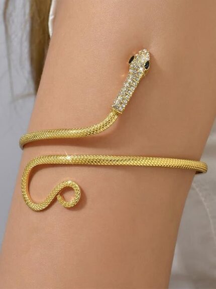 D&J Diamonds & Jewels Gold Snake Arm Cuff – Crystal Studded Serpent Adjustable Upper Arm Bracelet for Women