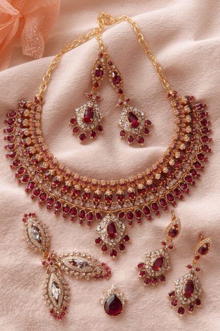 MJ Imperial Ruby Gold Bridal Jewelry Set with Matching Earrings & Accessories