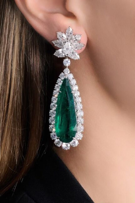Pair of Emerald & Diamond Pendant Earring