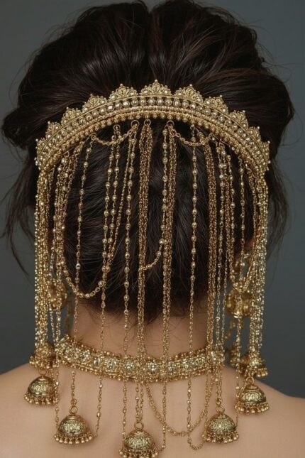 MJ Royal Jhumka Bridal Back Head Chain – Grand Gold Bridal Hair Jewelry