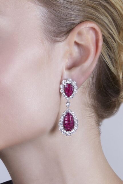 Pair of ‘Mystery-Set’ Ruby & Diamond Pendant-Earring