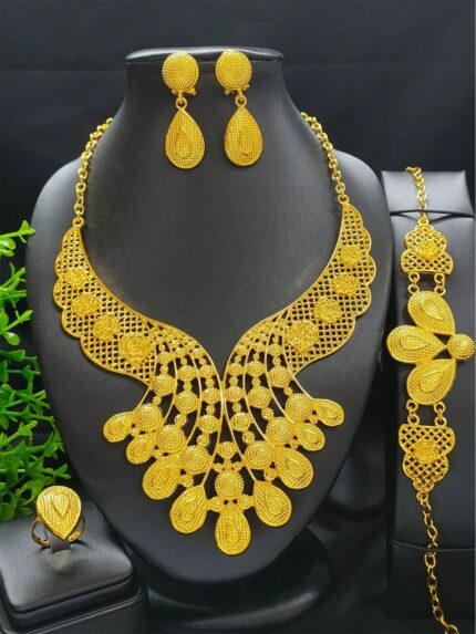 MJ Marukh's jewels Royal Gold Peacock-Inspired Bridal Jewelry Set – Statement Necklace, Earrings, Bracelet & Ring