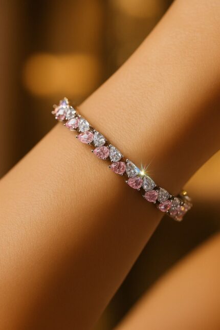 MJ Marukh's jewels Pink & White Pear-Cut Alternating Tennis Bracelet in White Gold Finish