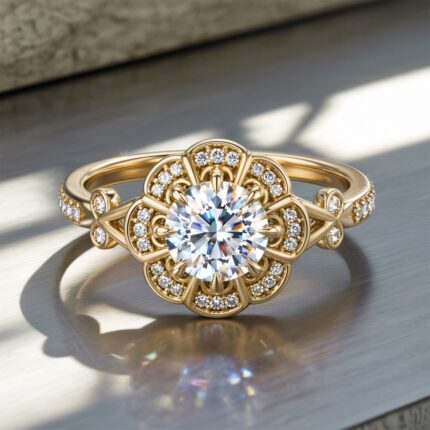 MJ Royal Halo Solitaire Ring – Luxury Gold Plated Zircon Engagement Ring for Women