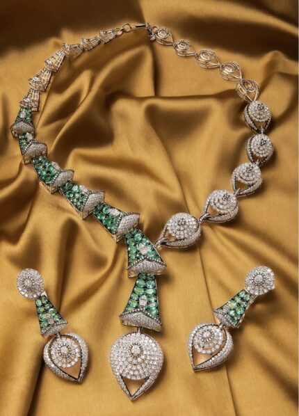 MJ Royal Emerald Geometric Statement Necklace Set with Designer Drop Earrings