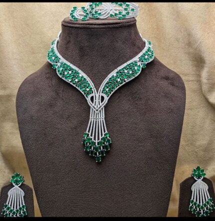 MJ Royal Emerald Vine Drop Necklace Set with Statement Earrings & Headpiece