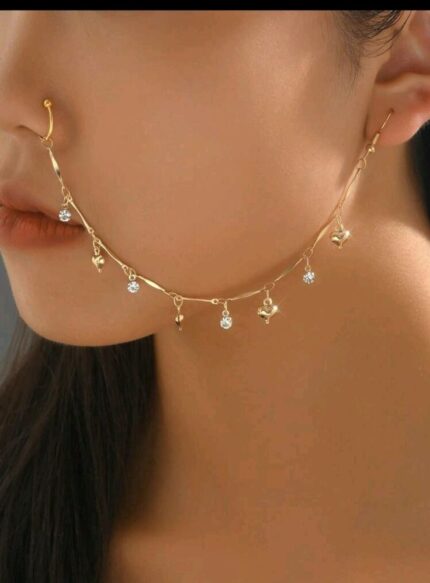 Elegant Chain Nose Ring with Ear Drop Accents – Classic Bridal Nath