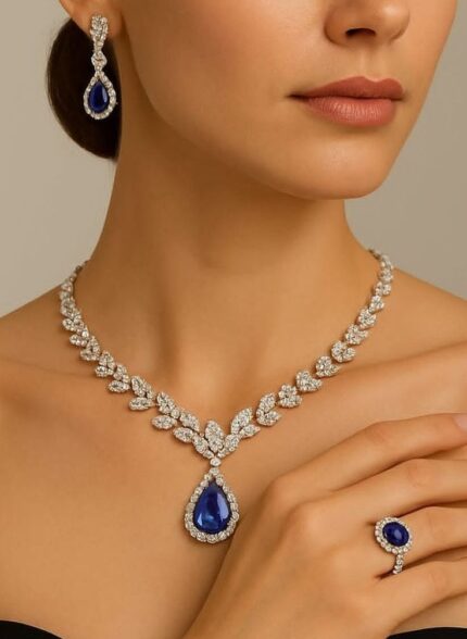 Royal Blue Sapphire Teardrop Diamond Necklace, Earrings & Ring Set