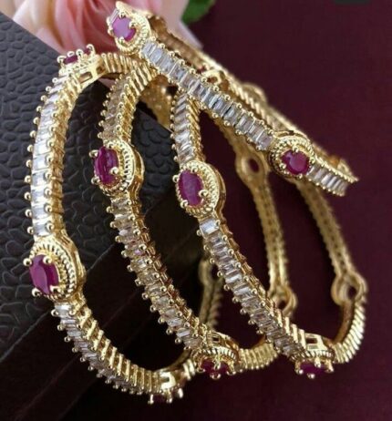 MJ Regal Ruby Baguette Diamond Bangles – Classic Ruby & Diamond Gold Elegance