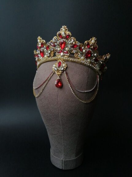 MJ Imperial Ruby Pearl Crown with Diamond Accents – Luxury Bridal & Royal Headpiece