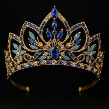 MJ Sapphire Blue & Gold Royal Tiara – Luxury Bridal Crown Headpiece