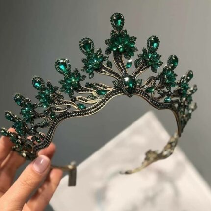 MJ Emerald Green Floral Royal Tiara – Luxury Statement Crown Headpiece