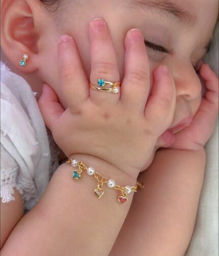 MJ Marukh's jewels Baby Pearl & Heart Charm Bracelet with AMJustable Crystal Ring – Gold Plated Kids Jewelry Set