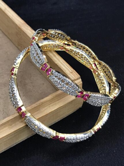 MJ Marukh's jewels Ruby Baguette & Crystal Cluster Gold Plated Bangles Set for Women – Luxury Bridal & Party Wear