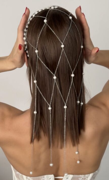MJ Pearl Lattice Diamond Hair Veil | Luxury Bridal Chain Headpiece